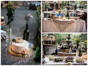 The light up love sign and champagne sparkling linen made for a glam sweetheart table that made the bride and groom shine all night.The cake table was glamorous with the sparkly draping and rhinestone. All the deserts looked amazing!