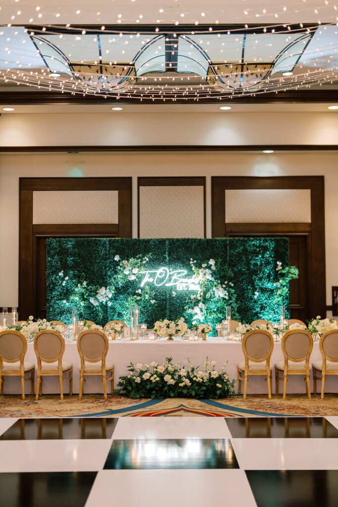 a wedding reception dinner takes places in the aragon ballroom at rancho bernardo inn.